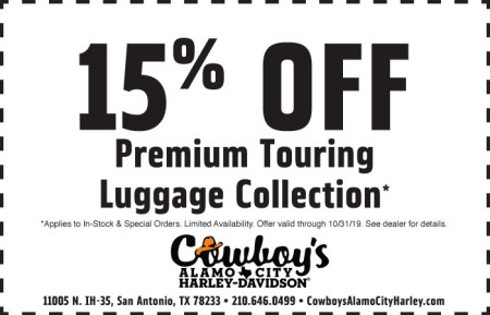 October Parts Coupon - 15% off Premium Touring Luggage Collection