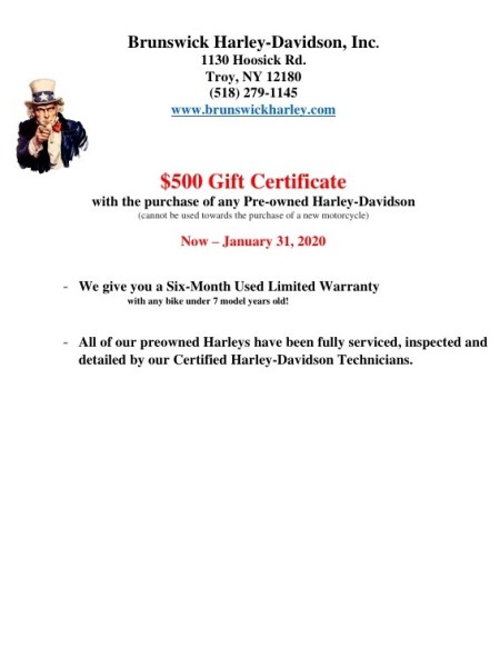 $500 Gift Certificate with the purchase of any Pre-Owned Harley-Davidson