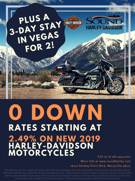 0 Down, Rates Starting at 2.49% on New 2019 Motorcycles*