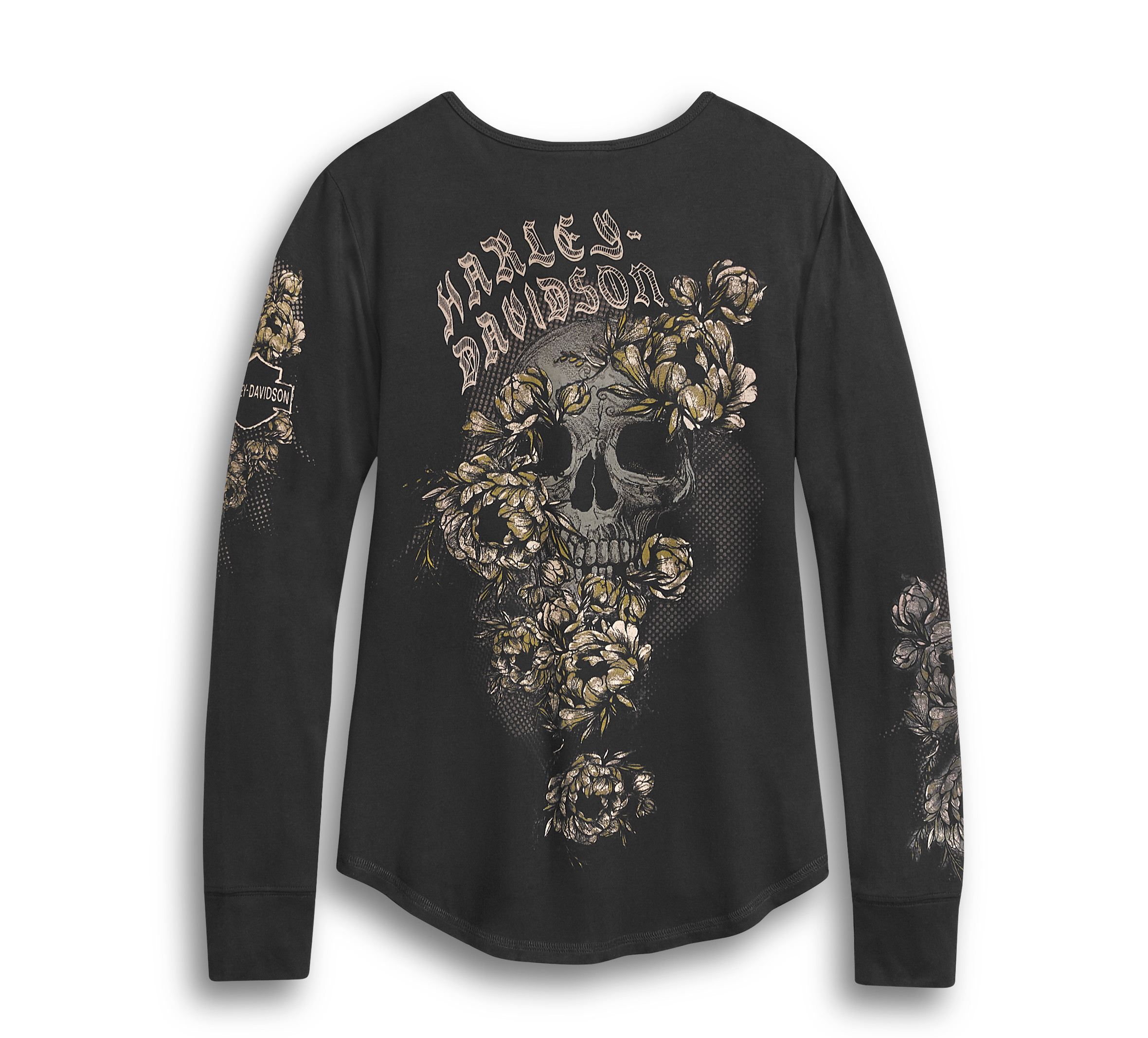 Women's Black Mesh Yoke Skull & Roses Tee