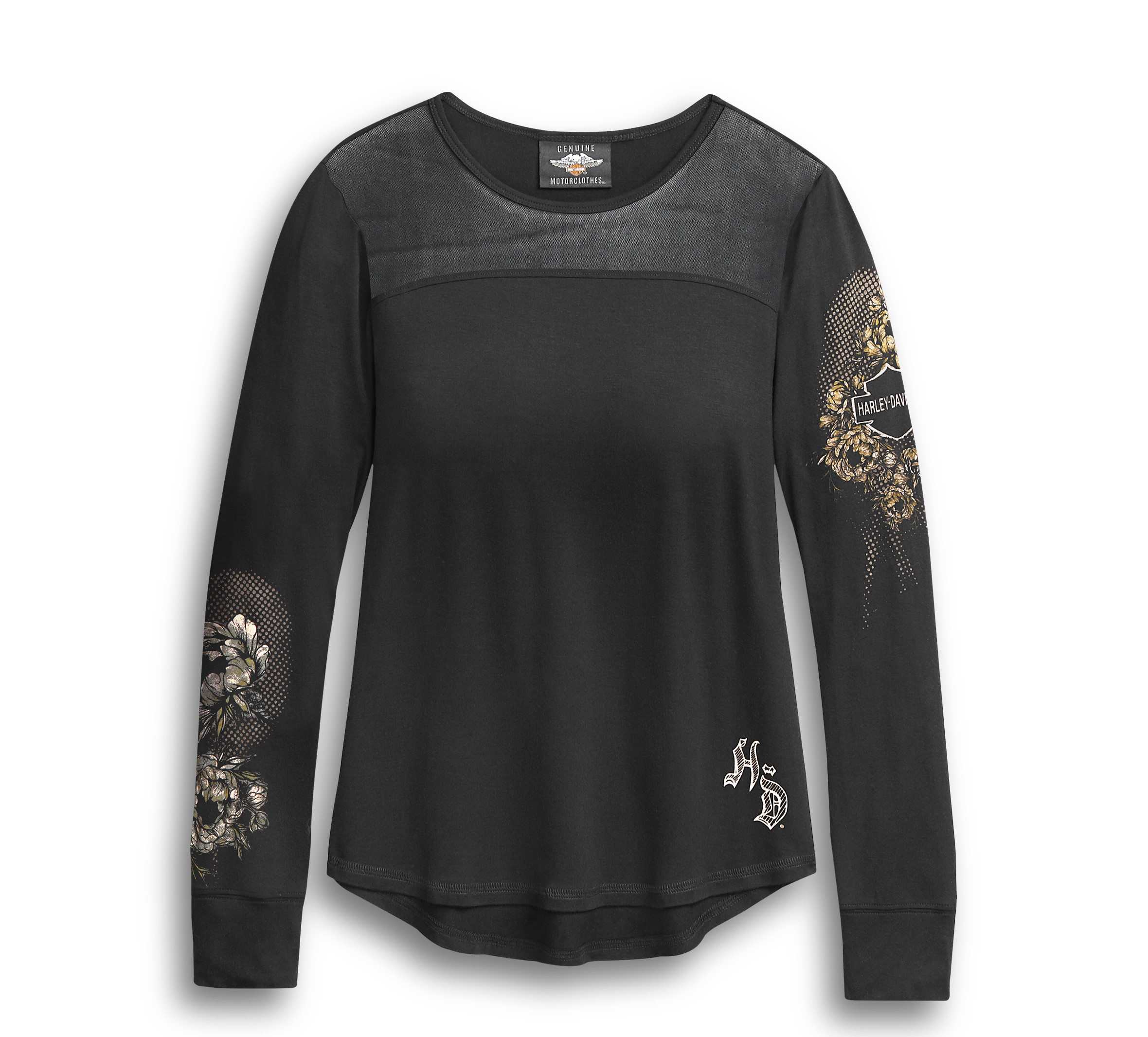 Women's Black Mesh Yoke Skull & Roses Tee