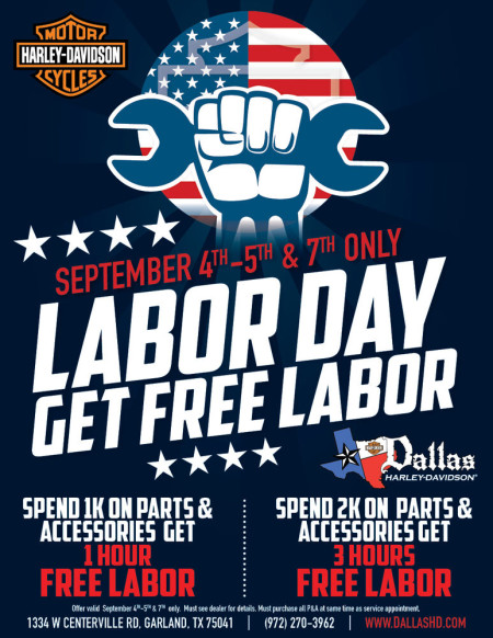 FREE LABOR ON LABOR DAY AT DALLAS HARLEY-DAVIDSON® IN GARLAND TX!
