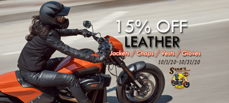 15% Off Leather Jackets, Leather Chaps, Leather Vests, and Leather Gloves.