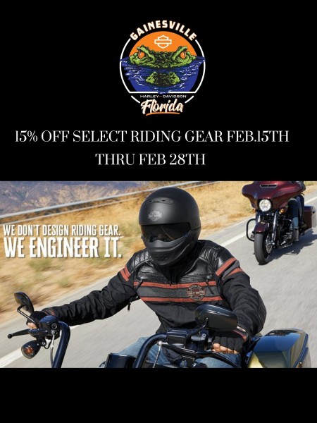 15% OFF FROM NOW UNTIL FEB.28TH ON RIDING GEAR!