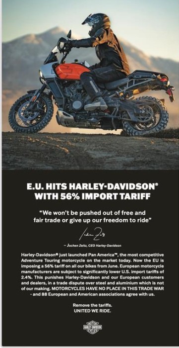 Injusta aplicación de aranceles del 56% sobre las motos Harley-Davidson