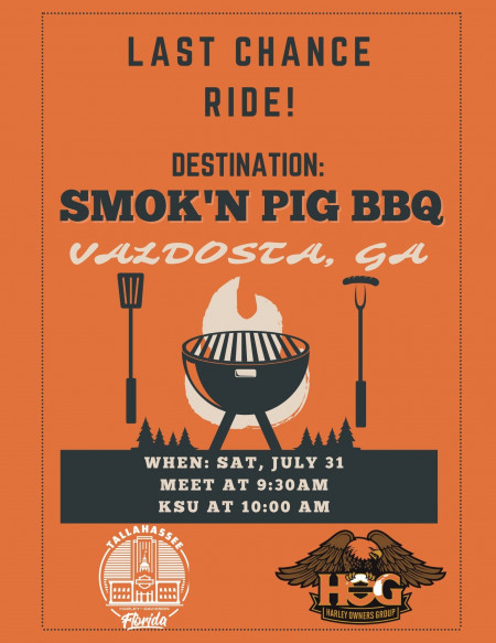 Hog Chapter Last Chance Ride Meet@930am with KSU@10am Destination Smok'n Pig BBQ Valdosta, GA
