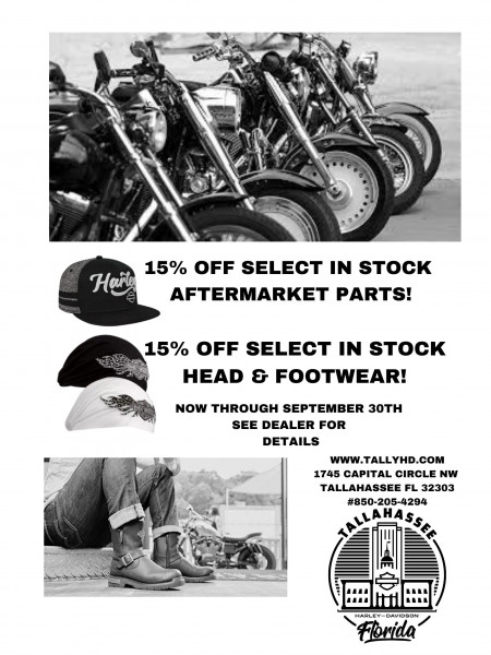 15% Off Select In Stock Aftermarket Parts, Footwear, and Headwear