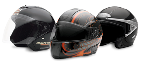 Three black Harley-Davidson helmets