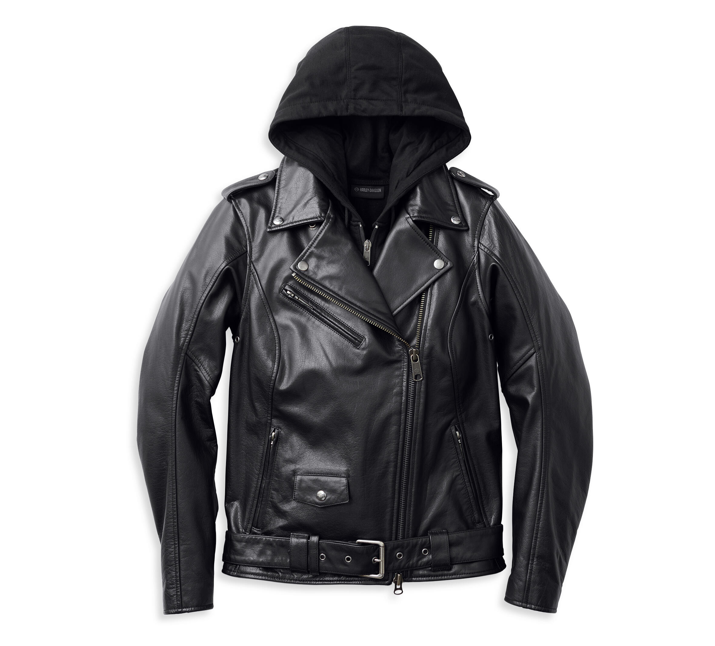 新品 Harley-Davidsonフード付きライダースレザージャケット M バックインブラックレザーバイカージャケット -ハーレーダビッドソン