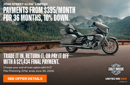 Ride out from $395/mo. for 36 mos. & 10% down. Final payment of $21,434 due at the end of your loan with H-D Flex Financing.