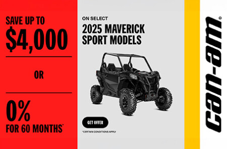 Save up to $4000 OR 0% for 60 months on the 2025 Can-Am Maverick Sport